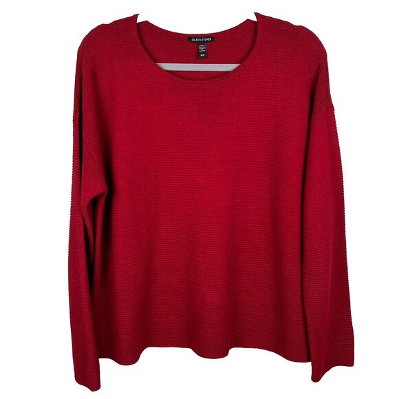 Eileen Fisher Organic Linen & Cotton Lightweight Woven Sweater Top Holiday Red M - Picture 1 of 11